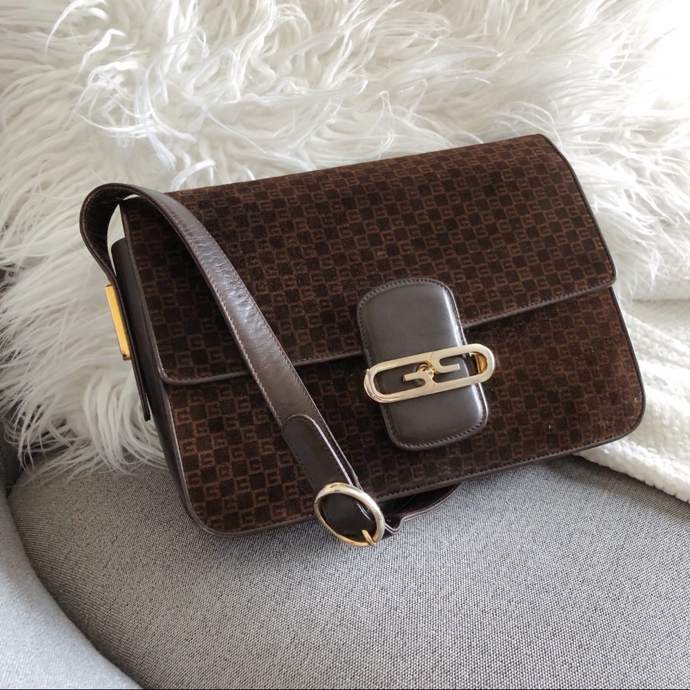 Gucci 1970s RARE Vintage GG Leather Suede Monogram East West Shoulder Bag - Picture 4 of 8